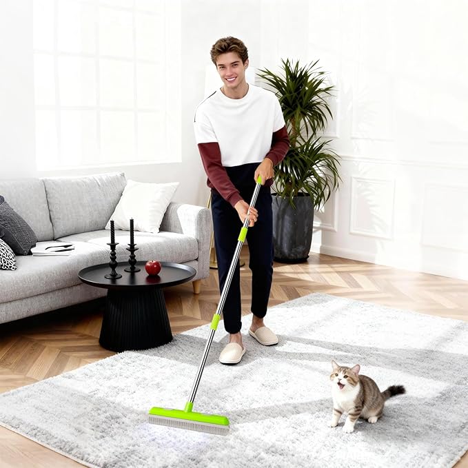 Pet Hair Removal Rubber Broom, Carpet rake with Squeegee for Cleaning Pet Hair, 52 inch Long Handle Rubber Broom,Dual-Sided for Fluff Carpet, Hardwood Floor, Tile,Green