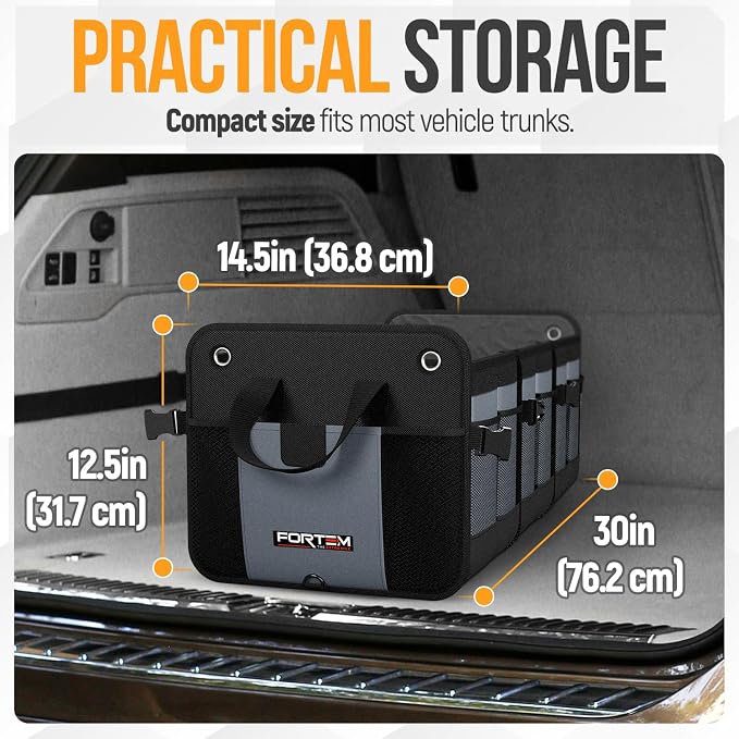FORTEM Trunk Organizer - Collapsible Car Organizer & Storage Bag for SUVs | Car Accessories for Men & Women, Cooler Bag, Non Slip Bottom, Straps, Soft Cover, 1680D Oxford, 6 Compartments, Grey, 90L