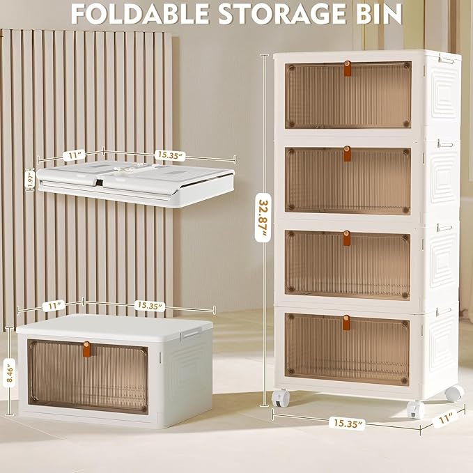 YFXCVSL 4 Tier Plastic Storage Bins with Lid 23QT, Stackable Storage Bins | Plastic Storage Bins with Wheels, Folding Storage Boxes, Organizers and Storage for Living Room,Office,Dorm
