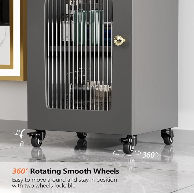 Salon Cart with Wheels & Adjustable Shelf, 3-Tier Rolling Beauty Trolley for Hair Stylist, Barber, Esthetician, Storage Cabinet w/Glass Door & Hair Dryer Holder, Mobile Station for Spa, Tattoo (Gray)