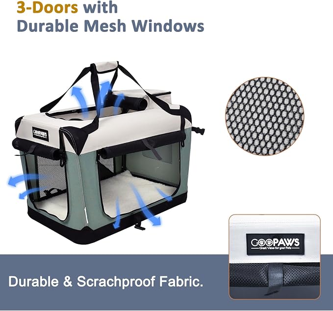 Jespet 3 Door Soft Dog Crates Kennel for Pets, Folding Travel Pet Carrier | 3 Mesh Doors 24'' Dog House, Large Pocket, Easy to Install, Steel Frame, Removable Crate Pad, For Indoor & Outdoor