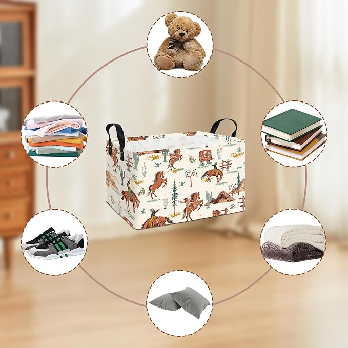 Western Cowboy Fabric Rectangular Nursery Storage Bin | Gifts Bag for Books,Clothes,Gifts,Pets-Perfect for Home,Office,Nursery,Dorm,Shelf