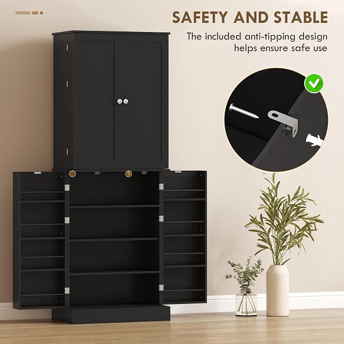 HOMCOM 65" Kitchen Pantry Storage Cabinet 16 Door Shelves Black | Freestanding Kitchen Cabinet, 4 Doors, 8-Tier Shelving, Adjustable Shelves