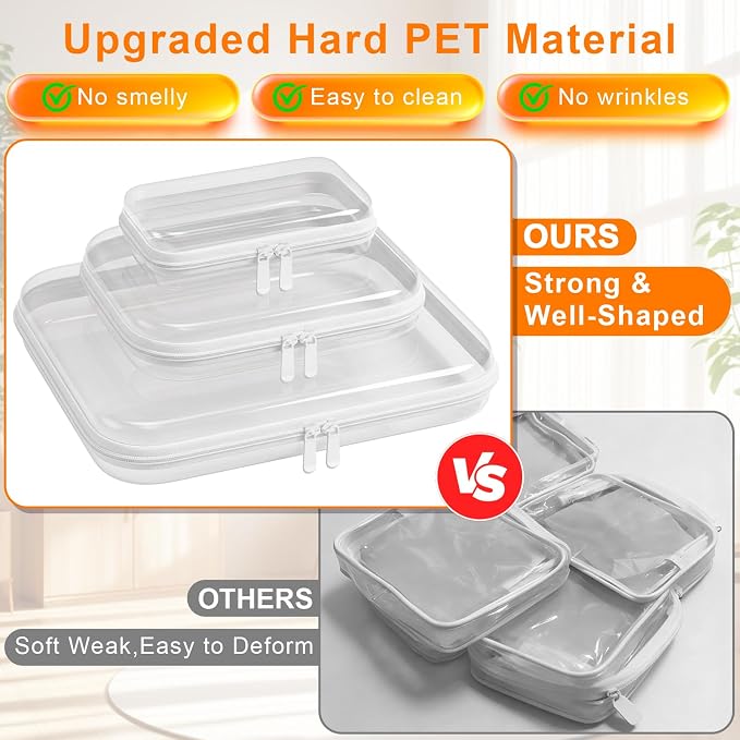 3PCS Clear Hard Shell Zipper Case,Waterproof Travel Cosmetic Toy Organizers | Crush-Proof Clear Zipper Pouches,Multi-Size Storage Box,Stackable Portable Makeup Toiletry Bags PET Hard Pouch
