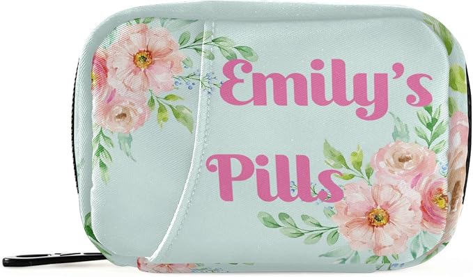 Custom Pill Box 7 Day Pill Case Bag Pink Flowers Watercolor Personalized Name Travel Pill Organizer Bag with Zipper Portable Weekly Case Compact Size for Vitamin Supplement Holder