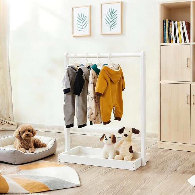 Baby Clothing Rack for Baby Shower, Pets Clothes Rack with Storage Box & Hanging Rod for Dogs Cats Dolls Clothes Display, Mini Baby Shower Crate Closet Rack (White)