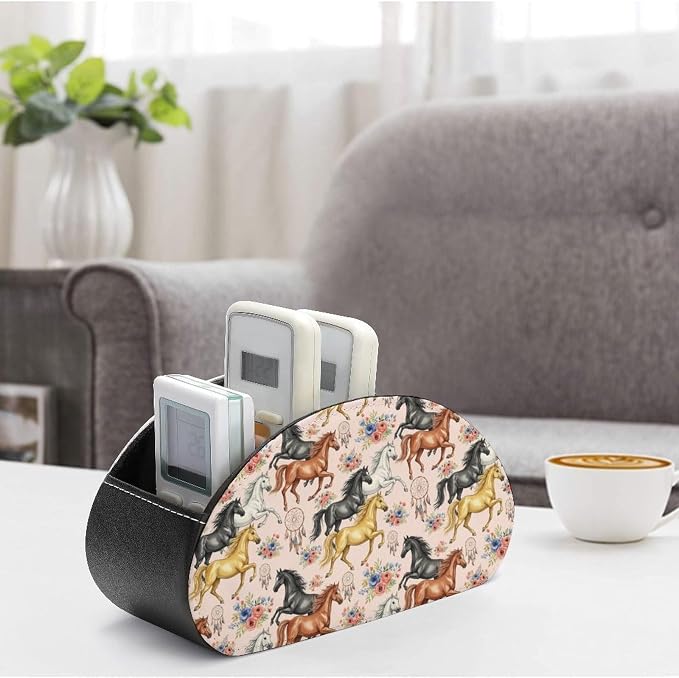Remote Control Holder Horse Flower Pink Floral 5-Slot Storage Caddy Box | Makeup Brush Organizer, Pu Leather, Horse Flower Pink Floral Desktop Accessory for TV Remotes Media Player