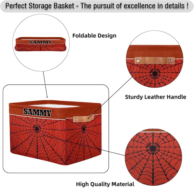 Custom Storage Basket, Personalized Name Rectangle Organizer Bin Spider Web Red Black for Pet/Children Toys, Books, Clothes, Perfect for Rooms/Playroom