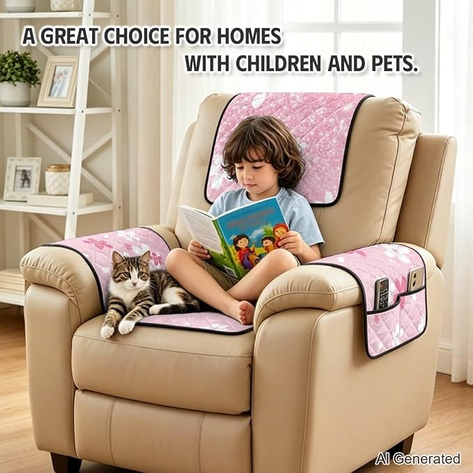 Cherry Blossom Recliner Chair Covers Pink 4 Piece Quilted | Recliner Chair Slipcovers with Arms Non Slip Armchair Cover with Pockets,Stain Resistant Furniture Protector for Living Room