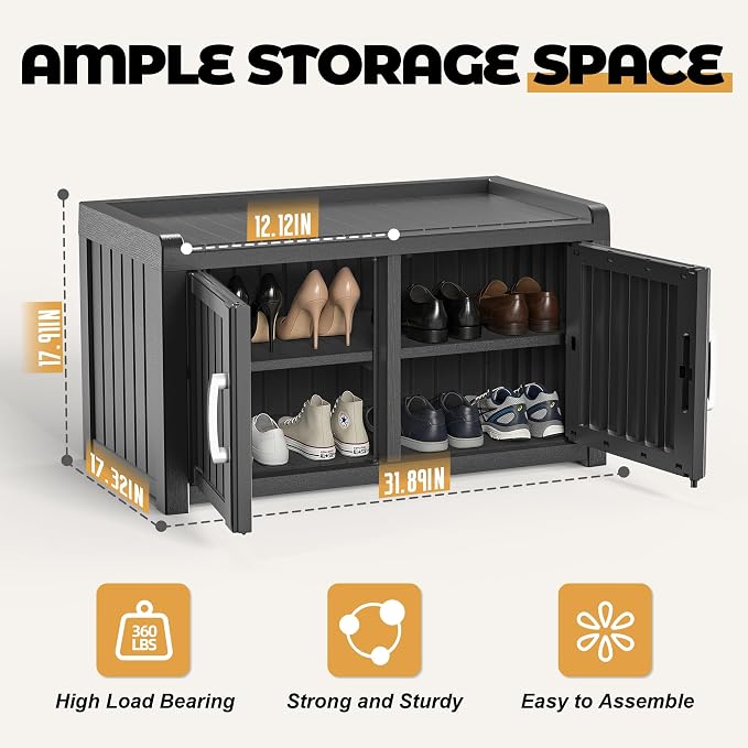 ROJIK Shoe Cabinet Waterproof UV-Resistant,Storage Bench Indoor Outdoor with Adjustable Shelves,for Entryway Bedroom,Hallway,Living Room(Double Door, Deep Black)