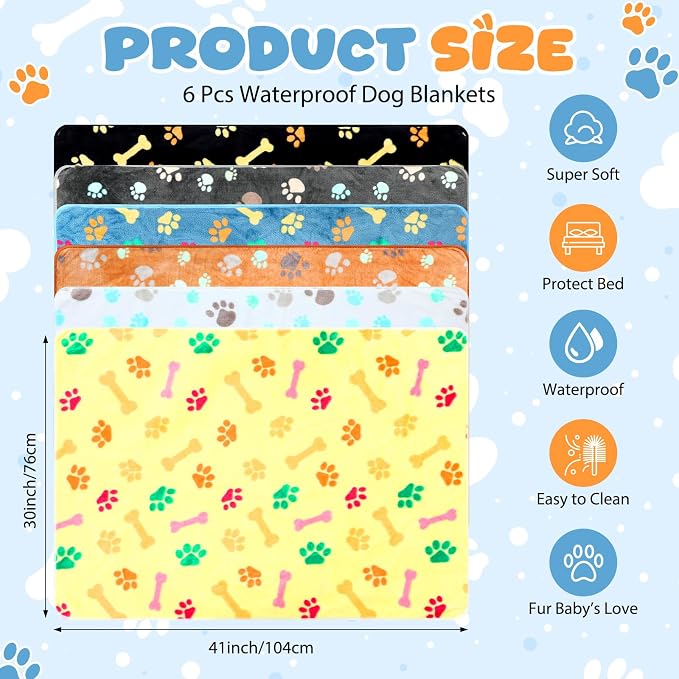 Tegeme 6 Pcs Waterproof Dog Blanket 41 x 30 Inch Paw Print Pet Blanket for Dogs Cats Puppy Washable Soft Fluffy Fleece Rug Flannel Throw Warm Sleep Mat for Kitten Doggy