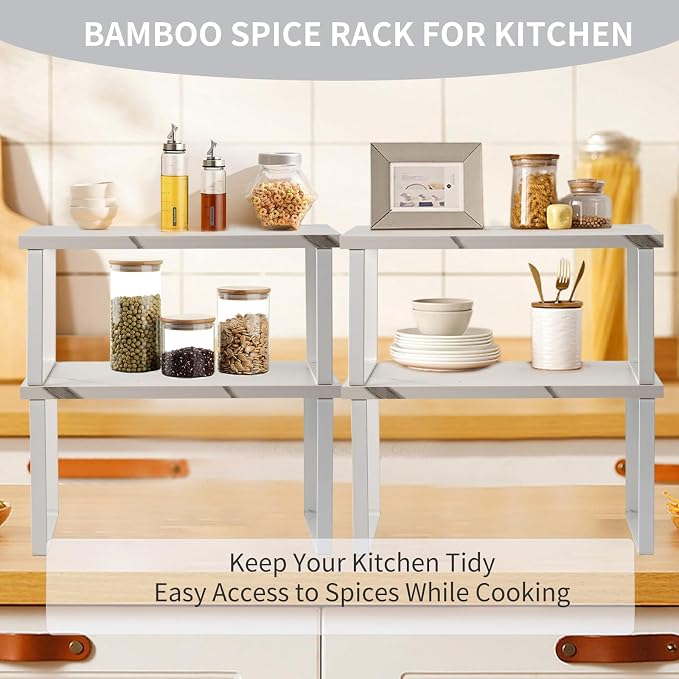 2 Pack Expandable Cabinet Shelf, Wood & Metal, White | 2pack expandable cabinet shelf organizer 11.8-23.2 wood&metal 35lbs white kitchen pantry spice rack stackable