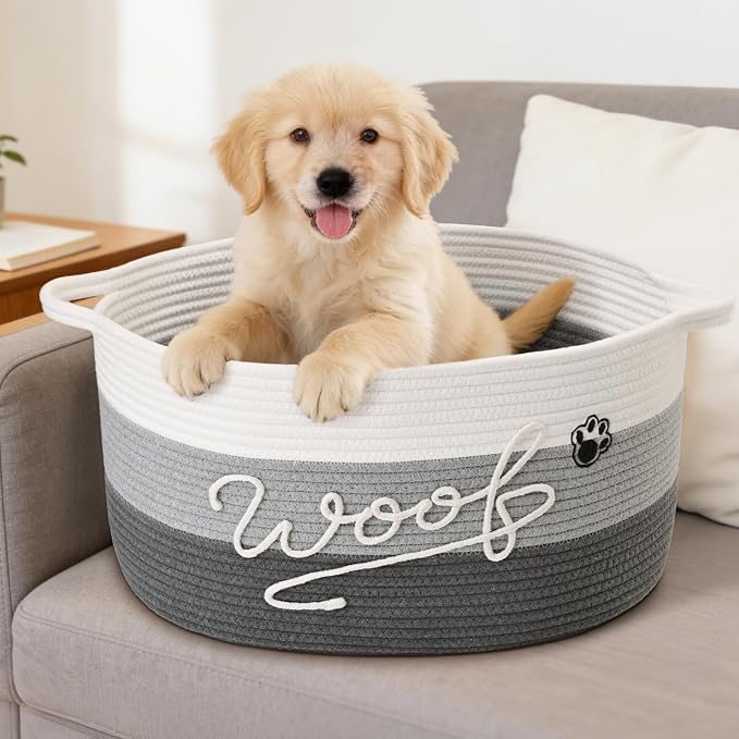 Woof Dog Toy Basket with Handles, Large Dog Toy Storage Bin with Paw Print, Woven Dog Basket for Blankets, Toys, Chews, Pet Toy Box for Nursery, Living Room, Bedroom, 20”x14”x9, Grey