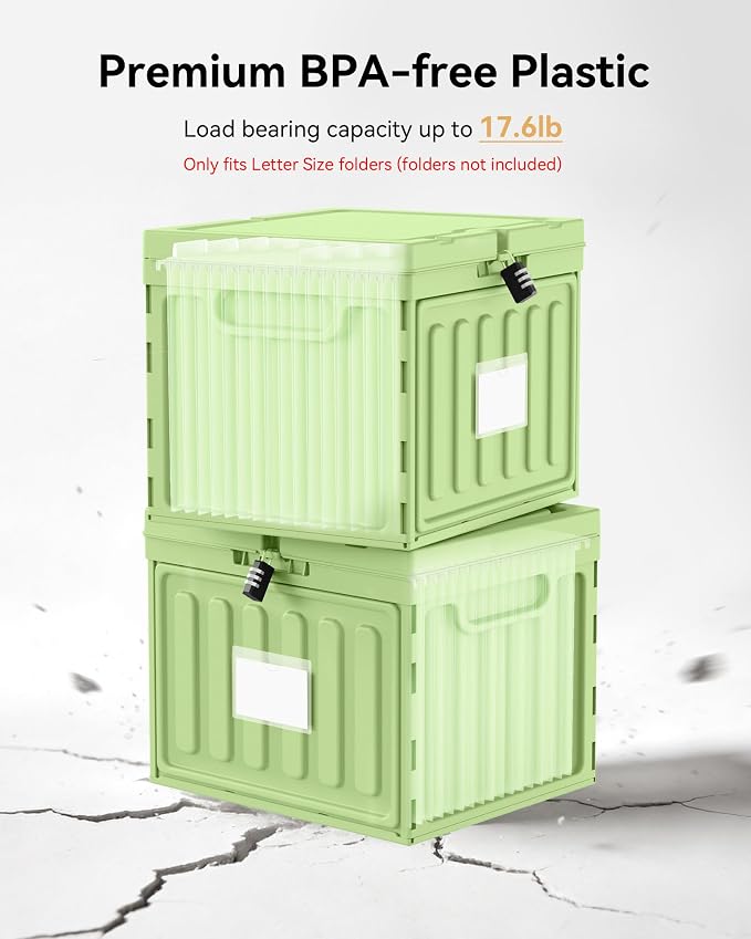 Oterri Lockable Stackable Plastic File Box with Lid for Letter-Size | Hanging File Folders Not Included. Green, Large 2-Pack. Home, Office, Classroom, Dorm, Tax, Under Bed, Filing Cabinet.
