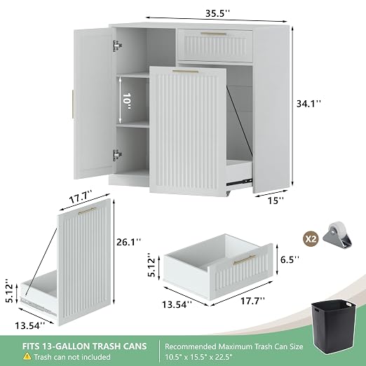 Single 13 Gallon Pull Out Trash Can Cabinet with Storage Cabinet,White | Pet Proof Hidden Garbage Can Cabinet,3-Tier Shelves,Fluted Design,Extra Drawer Space,Kitchen & Dining Room Organization