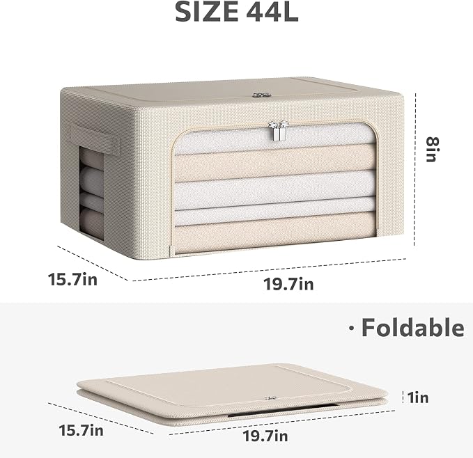 CYhom 3Pack Frame Storage Box - Clothes Storage Bin Bags Oxford Fabric Foldable Stackable Container Organizer Set with Clear Window & Carry Handles (Beige, Medium-44L)