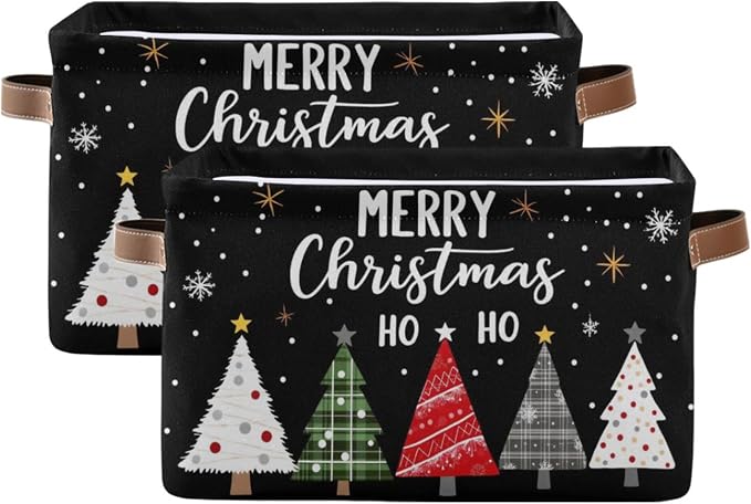 Merry Christmas Tree Black Storage Basket with Waterproof Liner and PU Handles Winter Snowflake Xmas Storage Bins Boxes 14.2" Collapsible Decorative Organizer Baskets for Bedroom Closet Office 2 Pack
