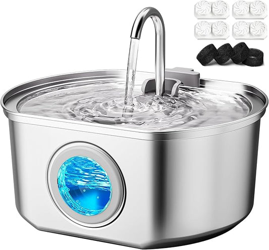 Cat Water Fountain Stainless Steel: 109oz/3.2L Cat Fountain for Drinking - Pet Water Fountain Inside - Automatic Dog Watering Dispenser Bowl - Pet Feeding & Watering Supplies - Water Level Window