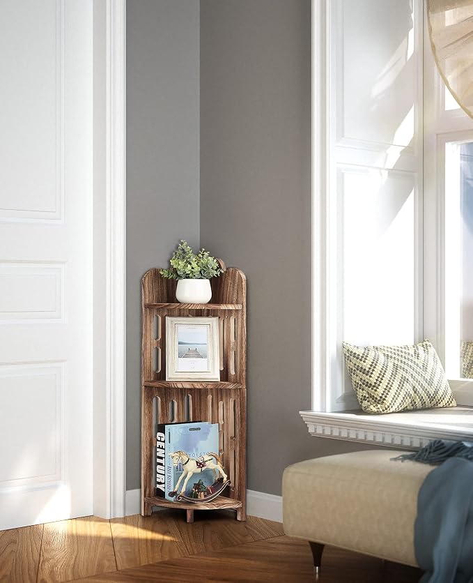 Meangood Bathroom Corner Shelf Stand, 3 Tier Solid Wood Display Shelf for Narrow Space, Shower Corner Shelf, Plant Stand Nightstand, for Living Room, Bedroom, Home Office, Elegant Carbonized Black
