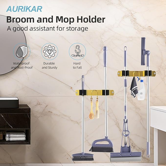 Broom Holder Wall Mount, 2-Pack Stainless Steel Mop and Broom Organizer, Broom Hanger with 2 Slots 2 Hooks for Home Kitchen, Garage, Garden and Laundry Room, Gold