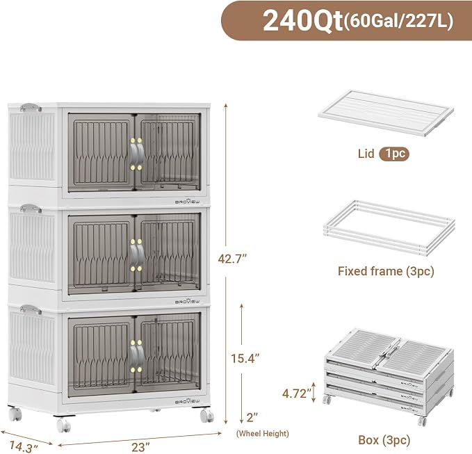 BROVIEW 240Qt Stackable Storage Bins with Lid for Home Dorm, 3Pack White | Closet Organizers, Foldable & Collapsible Cabinets, Large Containers, Wheels & Magnetic Doors, Plastic Drawers for School