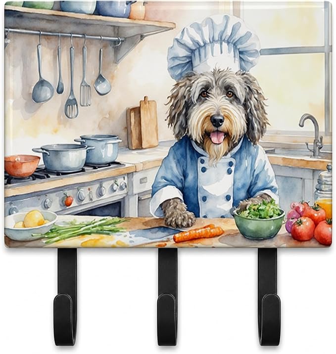 Caroline's Treasures Bergamasco Sheepdog The Chef Leash or Key Holder Wall Hooks, Key Hooks Holder, Coat Rack Wall Mount, Coat Hooks, Hooks for Hanging Keys, Towels, Aprons, Leashes | Bergamasco Sheepdog The Chef artwork on ceramic tile with three stee...