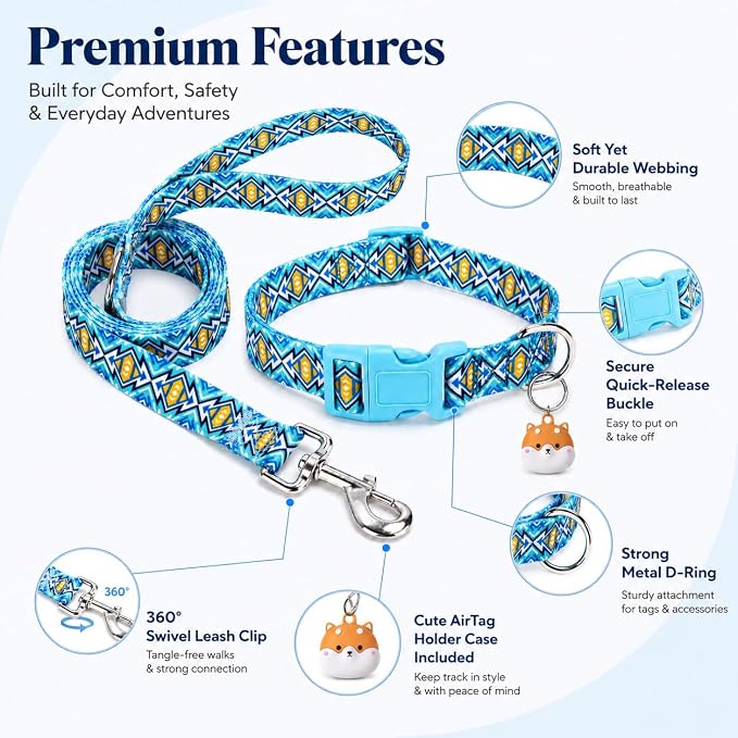 Matching Dog Collar and Leash Set with AirTag Holder-Blue Lattice/S | Anti-Lost,Adjustable Durable Pet Collar Leash Combo for Small Boy Girl Dogs,for Outdoor Walking Hiking Training Running