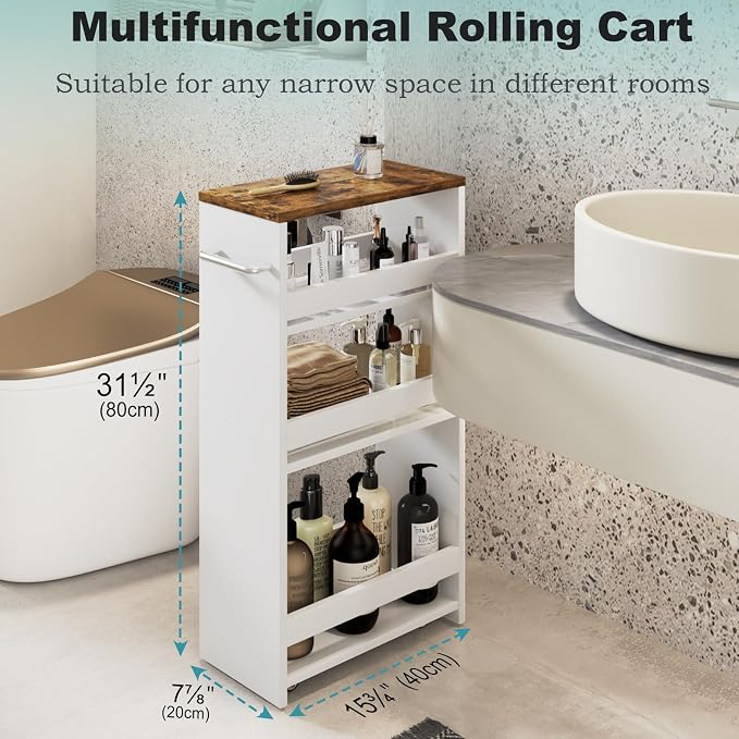 MARTY Slim Rolling Storage Cart 7.9" W Laundry Cart with Wheels,Brown+White | Narrow Utility Cart Between Washer and Dryer, 3 Tier Mobile Shelving Unit for Kitchen, Laundry, Bathroom, Office, Living Room