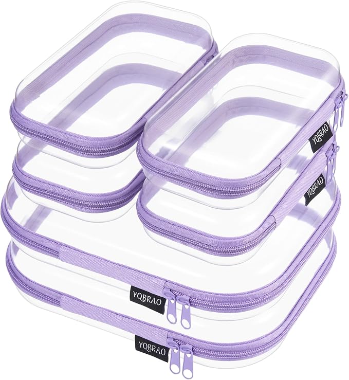 YQBRAO Clear Hard Shell Zipper Cases, 6 Travel Organizers, 2M 4S, Purple | Rigid clear shells in two practical sizes separate toiletries, skincare, cosmetics, chargers and frequently used accessories