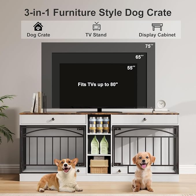 Dog Crate Furniture for 2 Dogs, Double Dog Crate TV Stand, White | 78.7'' Large Dog Kennel Indoor, 2 Storage Drawers, 3 Shelves and Feeding Bowls, Pet Kennel for Small and Medium Dogs