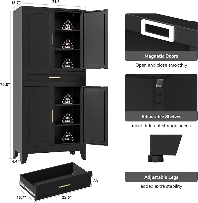 YAUWOH 71''Tall Kitchen Pantry Cabinet with Drawer,6-Tiers Metal Pantry Storage Cabinet with 4 Adjustable Shelves and 4 Barn Doors, Freestanding Farmhouse Food Cupboard for Dining Room (1PC,Black)