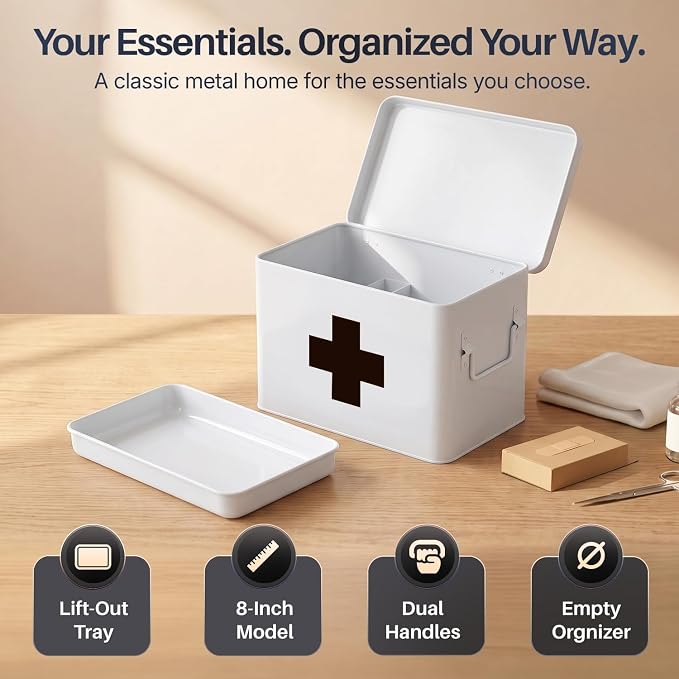Flexzion Large Metal First Aid Box Empty, 8.5-Inch, White with Black Cross | Vintage Medicine Box and First Aid Storage Organizer with Removable Tray and Dividers; Empty Box Only, Supplies Not Included