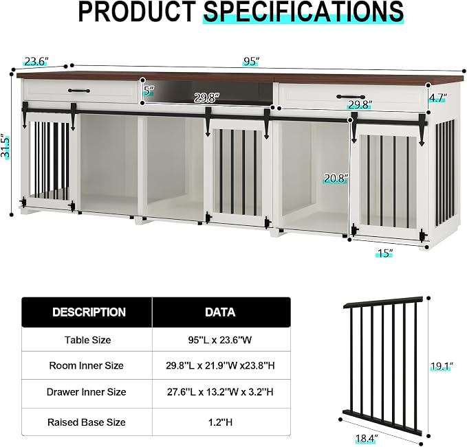 Dog Crate Furniture - Indoor Wooden Dog Furniture Crate Kennel with 3 Sliding Barn Doors, 2 Drawers & 1 Shelf - 95" Lx23.6 Wx31.5 H, White