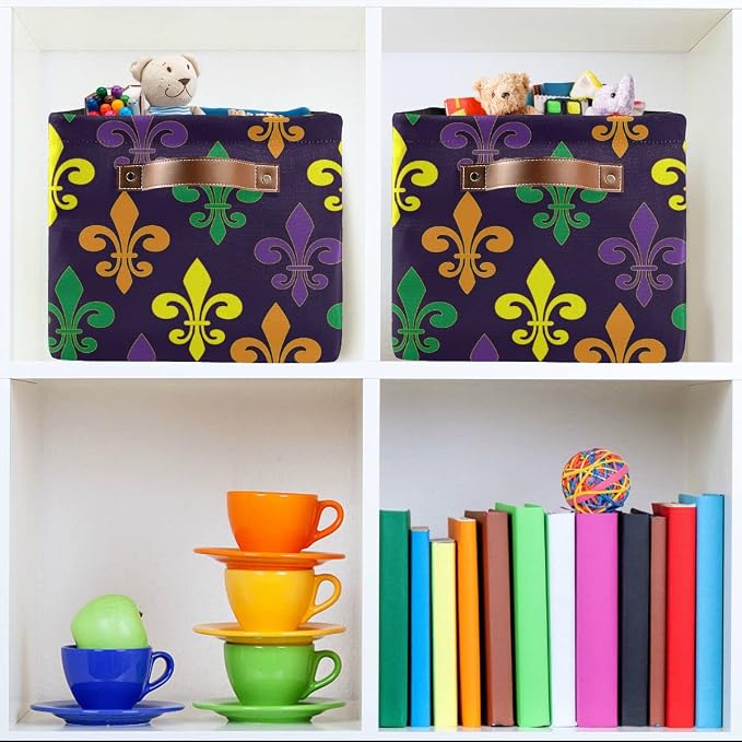 Mardi Gras Fleur de Lis Purple Storage Basket Fabric Laundry Baskets Mask Beads Confetti Feather Accessories Storage Boxes Organizer Bag for Cloth Toy Book Storage Cubes Shelf Closet Bins 16×12×8