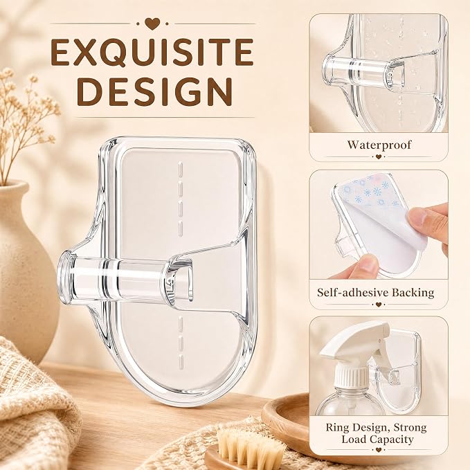 4 Pcs Wall Mount Spray Bottle Hooks Holder Spray Bottle Hanger Adhesive Hook to Create Storage Space Rack Organizer Hanger for Cabinet Kitchen Variety Surfaces (Clear)