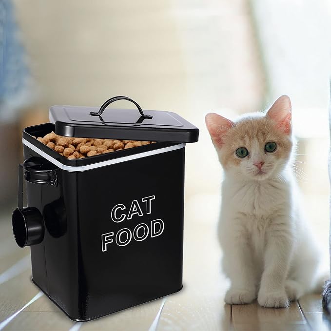Morezi Metal Cat Food Container with Scoop 5-7 lb, Airtight Pet Food Bin | 25 Cups Cat Kibble Canister with Food Scoop, Sturdy Iron Body, Powder Coated, Airtight Bamboo Lid, Two Side Handle-Black