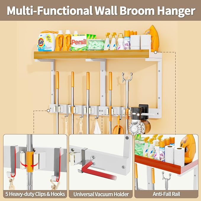 Broom and Mop Organizer Wall Hanging, Broom Hanger Holder Wall Mount | 3-in-1 Mop and Broom Holder Wall Mount with 5 Racks,5 Hooks,Storage Shelf & Vacuum Organizer for Garage,Kitchen,Laundry Room