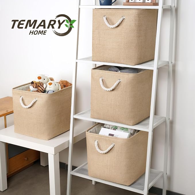 Temary Storage Baskets for Shelves 13 Inch Baskets for Gifts Empty, 4 Pack Shelf Baskets Decorative Storage Baskets Cube Collapsible Storage Bins Cubes with Handles for Storage (Linen Yellow)