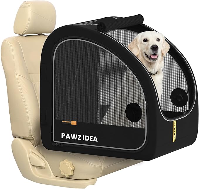 PAWZIDEA Portable Dog Crate for Car Travel, Medium & Large Dogs Up to 80lbs | Enclosed Soft-Sided Dog Car Kennel for Backseat, Secures w/ Seatbelt & Headrest Strap, Collapsible Car Carrier, Chew-Proof