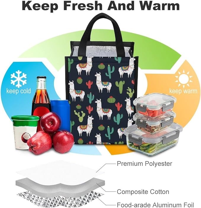 Reusable Insulated Lunch Bag Portable Thermal Lunch Box Container Compatible with Llama Alpaca Cactus Travel Picnic Food Organizer Bags