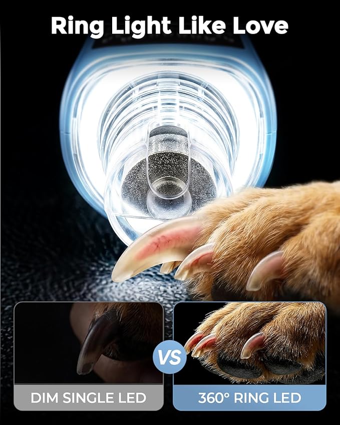 7-Speed Dog & Cat Nail Grinder with Light - Ring LED Safe to Avoid Overcut, Quiet Low Vibration & Powerful Fast, Cordless Rechargeable Toenail Trimmer for Small & Large Puppy & Breeds Paws(Red)