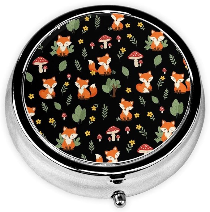 Mini Medicine Organizer, Round Pill Box Portable, 3-Section Case for Fish Oil, Travel Pill Container Purse Carry, Red Mushroom Green Leaves Flowers Floral Fox Black