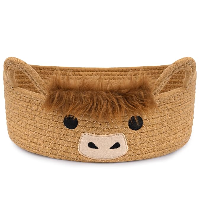 Oval Highland Cute Cow Basket for Nursery, Small Woven Gift Basket | Rope Cotton Storage for Gifts Empty, Baby Shower Blanket 0rganizer with Handles,Towel Decorative Bins, 12"D x 5"H IN