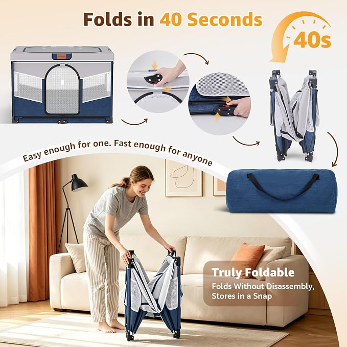 LOOBANI Small Dog Playpen, 32"x24"x22", Foldable & Portable, Blue | Puppy Cat Playpen Indoor, with Sturdy Steel Frame, Travel Dog Crate with Carry Bag, Removable Washable 690D Fabric Cover