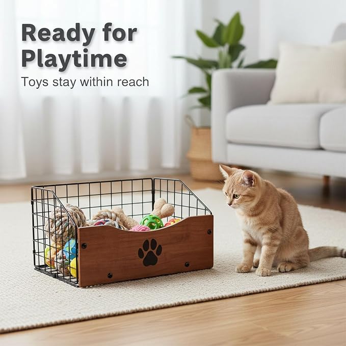 Dog Toy Basket, Wooden Dog Toy Box with Metal Wire Bin, Foldable Pet Toy Storage Organizer with Paw Print Design, Open Dog Toy Holder for Toys, Cat Toys, Blankets, Leashes and Treats, Walnut Brown