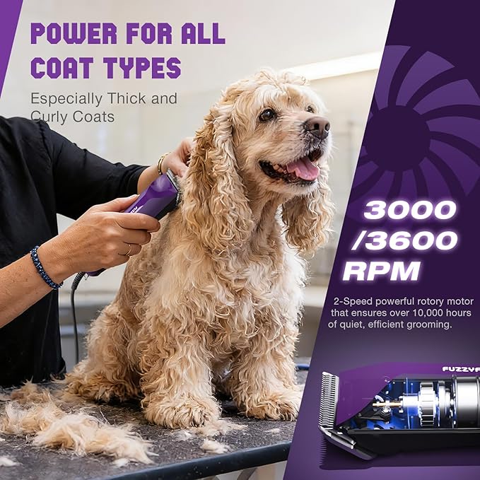 AmpFix Professional Dog Grooming Clippers - 2 Detachable Blade 8 Metal Combs, 2-Speed Heavy-Duty Motor, 10ft Cord, Anti-Slip Shatter-Proof Housing for Pet All Coats