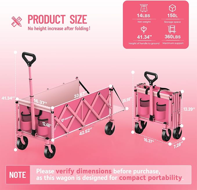 43'' Extra Long Folding Wagon with Extended Tailgate, Pink | Wagons Carts Foldable, 360LBS Heavy Duty, Compact Portable, Utility Collapsible for Shopping/Beach/Garden/Camping/Sports