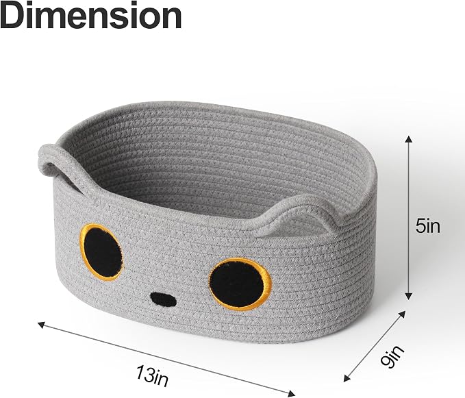 Gray Cat Toy Basket, Small Woven Cat Toy Storage Box with Cute Ears Handle Indoor, Cotton Rope Storage Bin with Embroidered Face for Home Decor, Pet Bed, Nursery Kids Room Organization