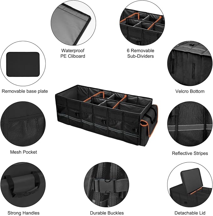 Car Trunk Organizer and Storage with Lid & Removable Leakproof Cooler Bag, Car Accessories 6 Removable Dividers for Custom Space, Collapsible Large Trunk Organizers Interior for SUV Sendan with Cover | Collapsible Trunk Organizers with Lid & Removable ...