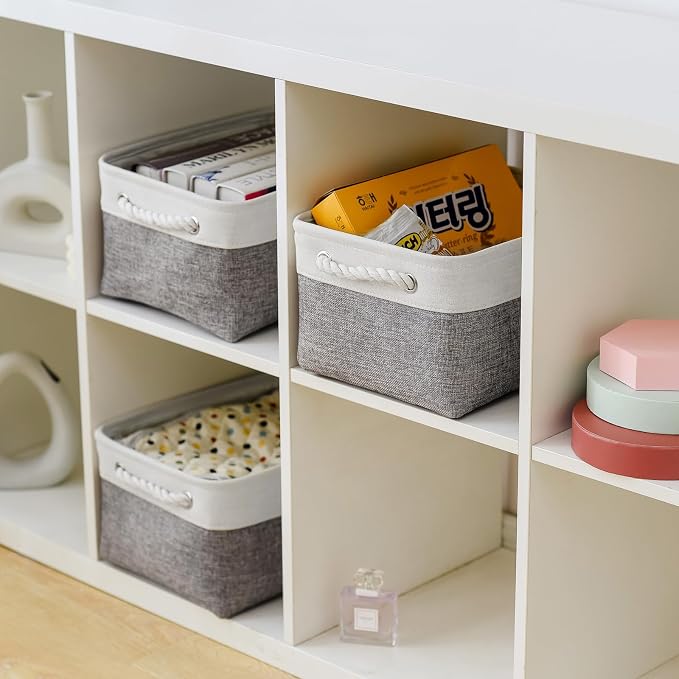 Storage Bins for Shelves - 13.8L×9.8W×6.7H inch 3 Pack Medium Collapsible Storage Baskets for Organizing | Fabric Storage Cubes for Linen Closet Toy Home (White&Grey)